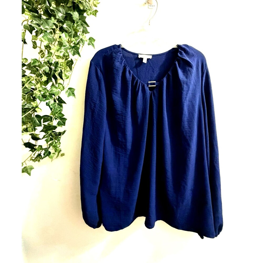 Como Blu Women Size XL Pullover Top Navy Blue Neck Accent Balloon Sleeve Blouse